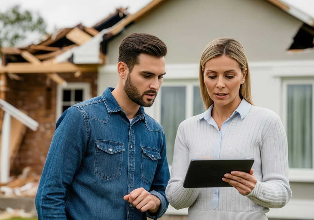 A local family reviews a homeowners insurance policy at their kitchen table with paperwork and a laptop.