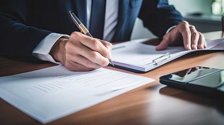 A person sorting through financial paperwork with a laptop and a notepad, focused on security.